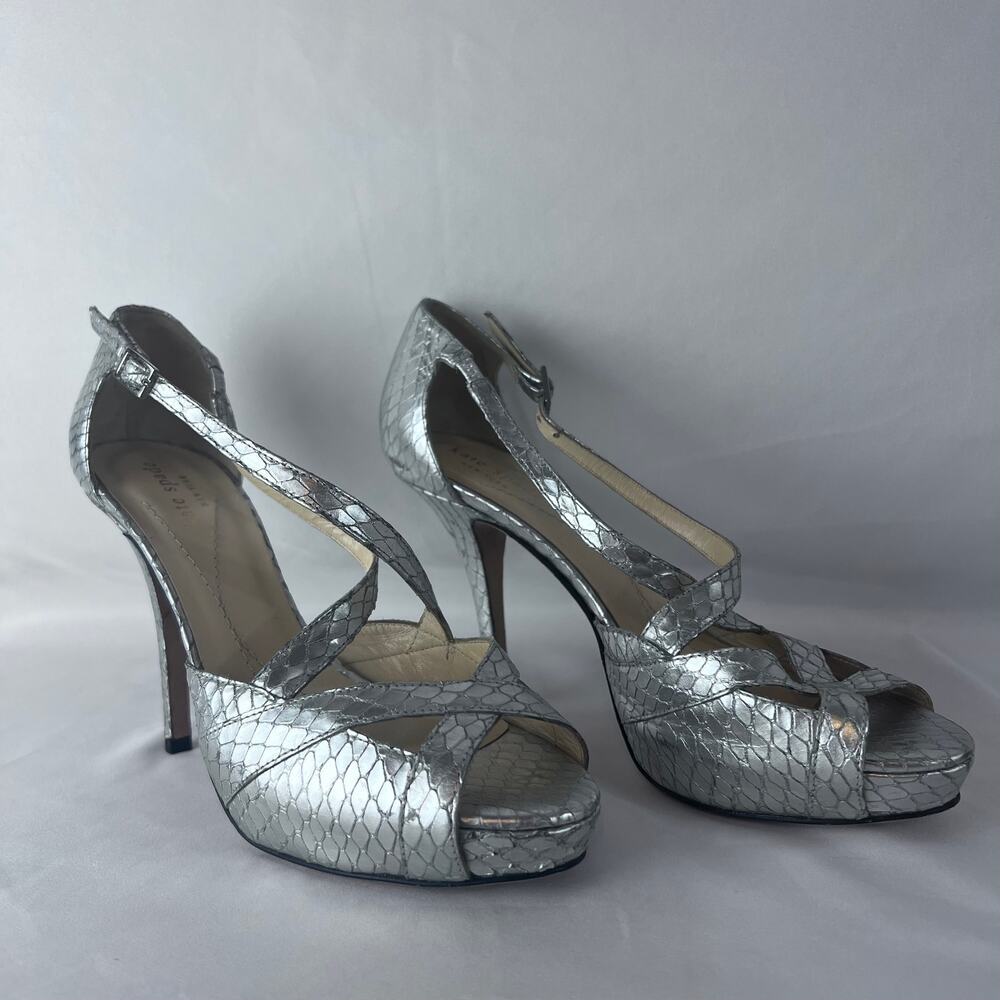 KATE SPADE Open Toe Gold Metallic Snake Skin Stamped Heels Women's‎ Sz7 B